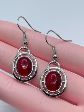 Silver Tone Red Cat Eye Dangle Earrings Oval Cabochon Minimalist Drop